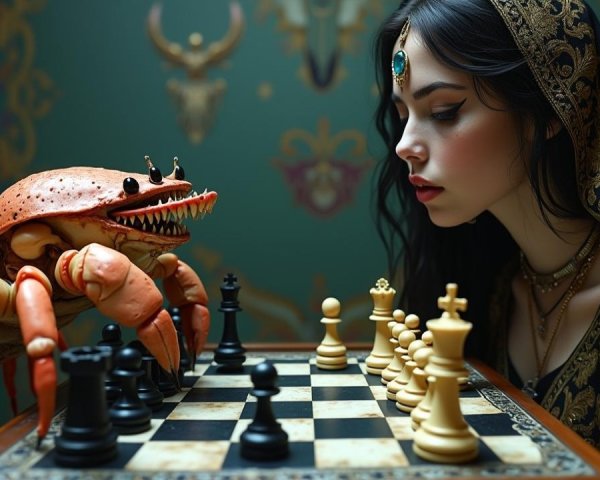 Whimsical Chess Match Between Woman and Animated Crab