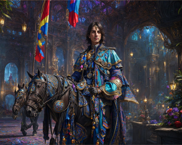 Regal Figure on Ornate Horse in Grand Hall Setting