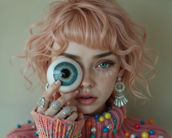 Young woman with pink hair and whimsical accessories