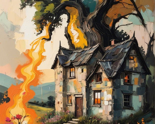 Whimsical Cottage in a Colorful, Fiery Landscape