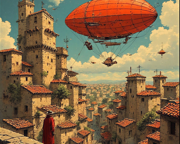 Vibrant Steampunk Cityscape with Airships and Buildings