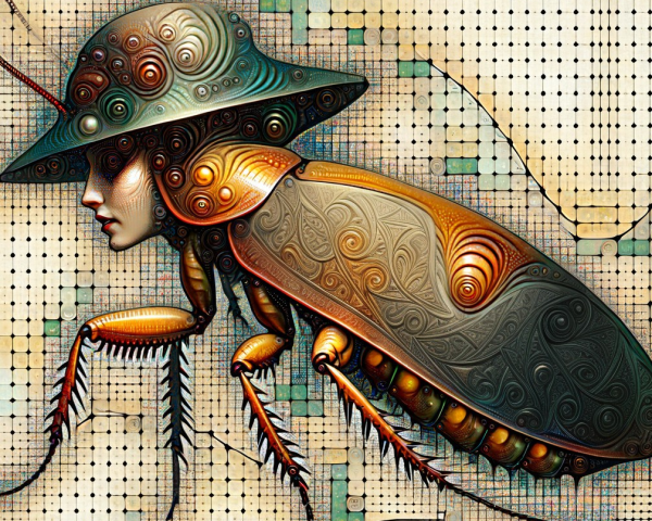 Surreal Artwork of Human-Cockroach Fusion with Patterns