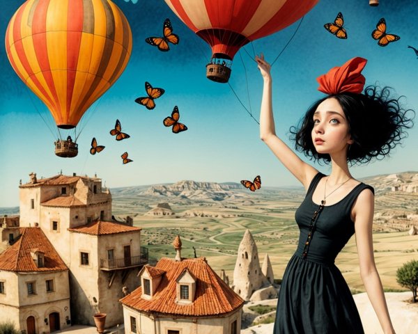 Whimsical Scene with Balloons and a Charming Village
