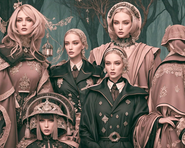 Elegantly Dressed Women in a Mystical Forest Setting