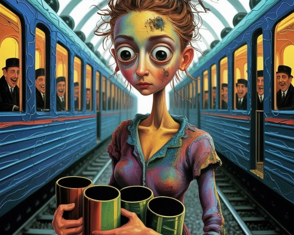 Stylized Character with Colorful Cups on Train Platform