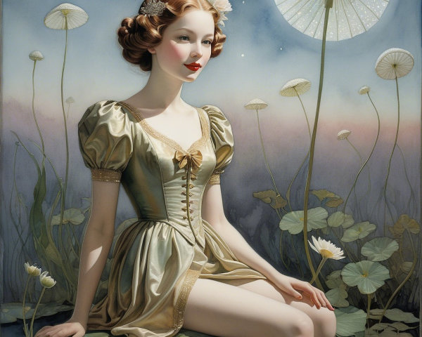 Whimsical Portrait of Young Woman Among Lotus Flowers
