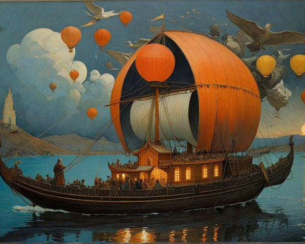 Grand ship with orange sail on tranquil waters