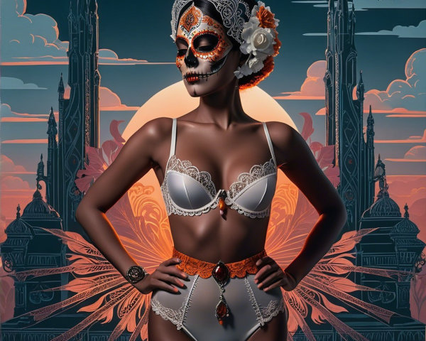 Elegant Figure in Lace Outfit with Colorful Makeup