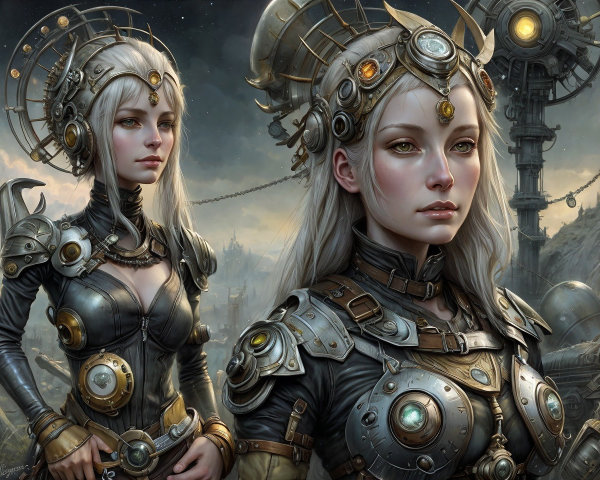 Steampunk Armor with Women Against Dramatic Sky