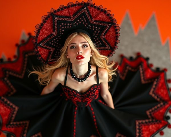 Young woman in black and red dress against orange wall