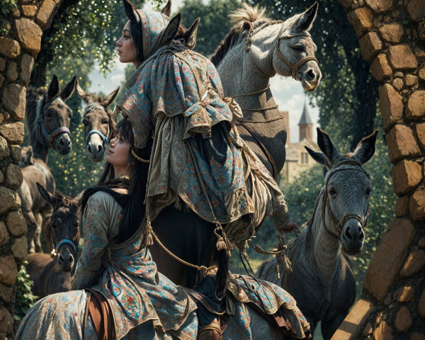 Women in Historical Garments on Ornate Horse