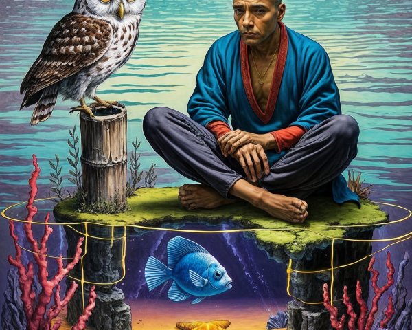 Contemplative Man with Owl by Water and Coral Scene