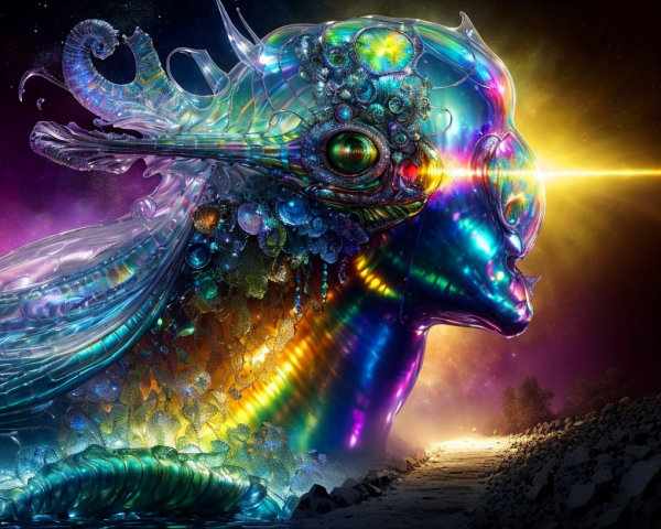 Iridescent Serpentine Creature in Cosmic Landscape