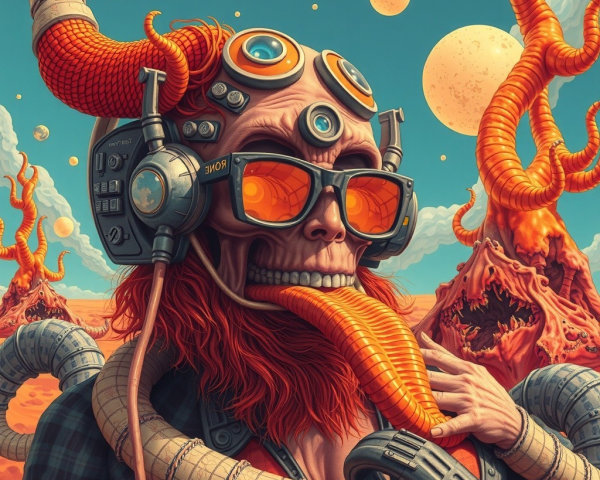 Cyborg Figure in Surreal Sci-Fi Landscape