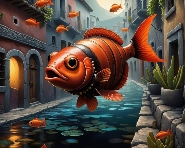 Vibrant Fish and Scenic Village Canal Landscape