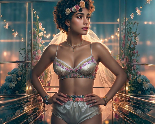 Elegant Woman in Silk Lingerie with Floral Accents