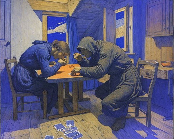 Two figures in a cozy wooden room with cards