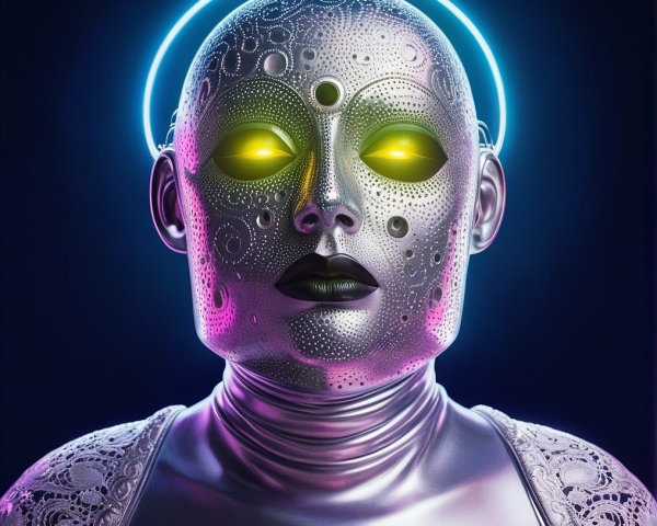 Futuristic humanoid robot with glowing accents and halo