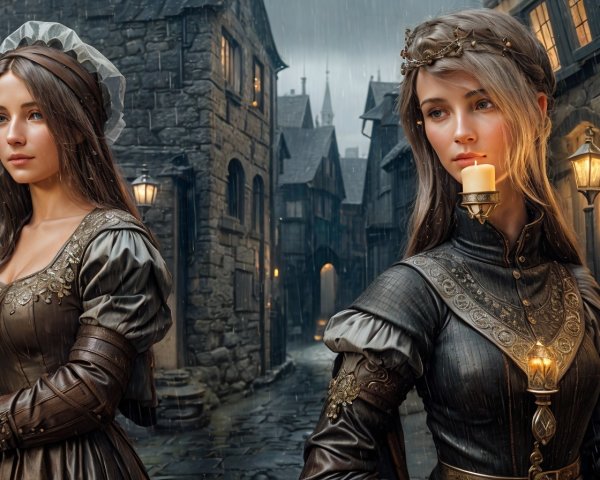 Medieval Town Scene with Women in Traditional Attire