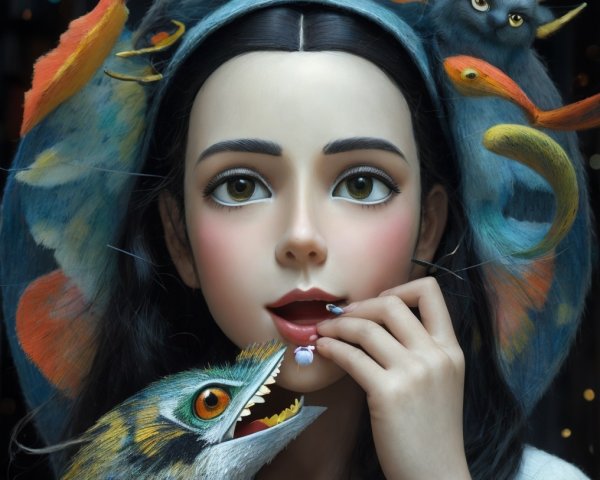 Young woman with pearl and whimsical underwater creatures