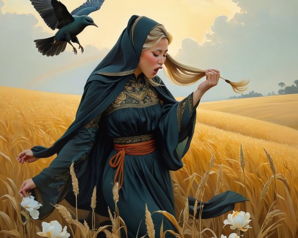 Woman in Dark Gown in Golden Wheat Field at Sunset