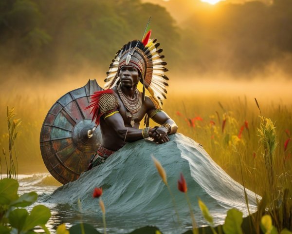 Majestic Warrior in Misty Landscape with Tribal Armor
