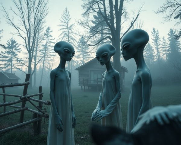 Three Aliens in a Misty Forest Clearing with Cabin