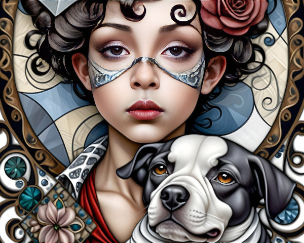 Young girl with mask and dog in decorative setting