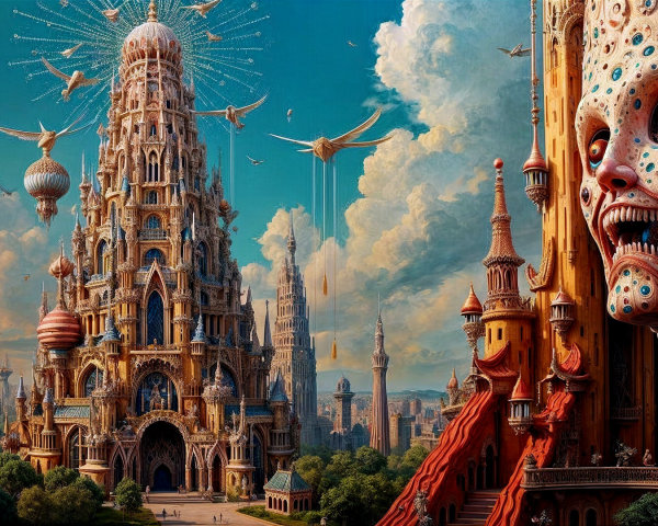 Fantastical Landscape with Surreal Structures and Airships