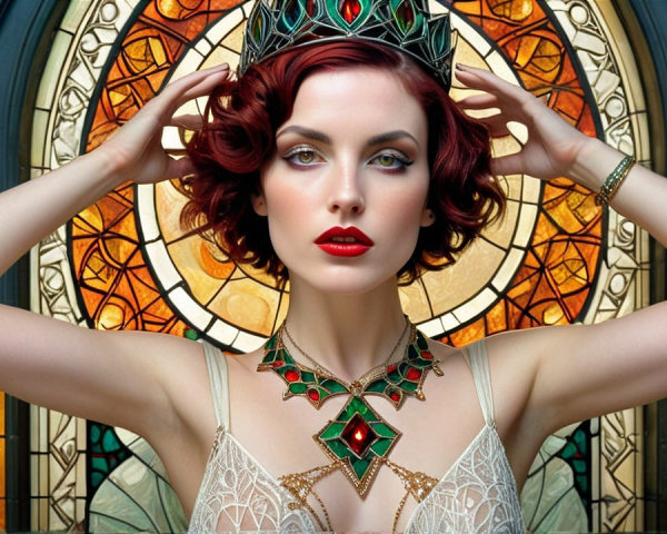 Elegant Woman in Stained Glass Setting with Jewelry