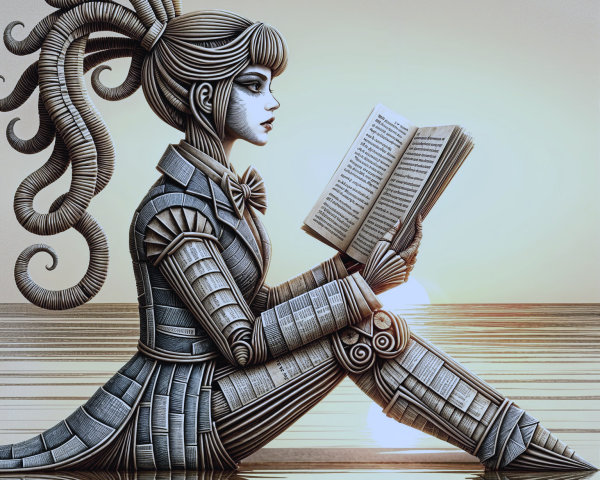 Robotic Figure Reading by Serene Water at Sunset