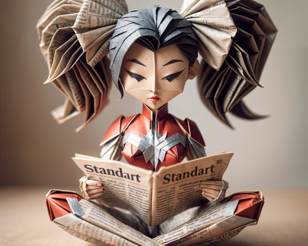 Whimsical Paper-Crafted Character Reading a Newspaper