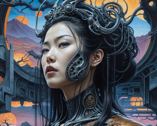 Cybernetic Young Woman in Surreal Landscape