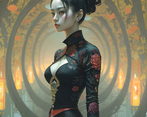 Elegant Woman in Black Dress with Floral Patterns