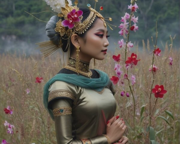 Young woman in traditional attire among vibrant flowers