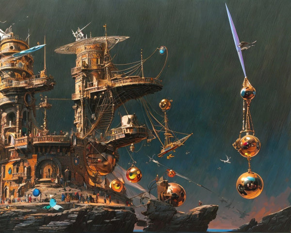 Imaginative Castle with Mechanical Elements and Orbs