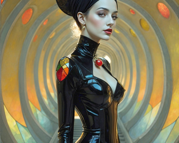 Confident Figure in Black Latex Outfit with Stained Glass