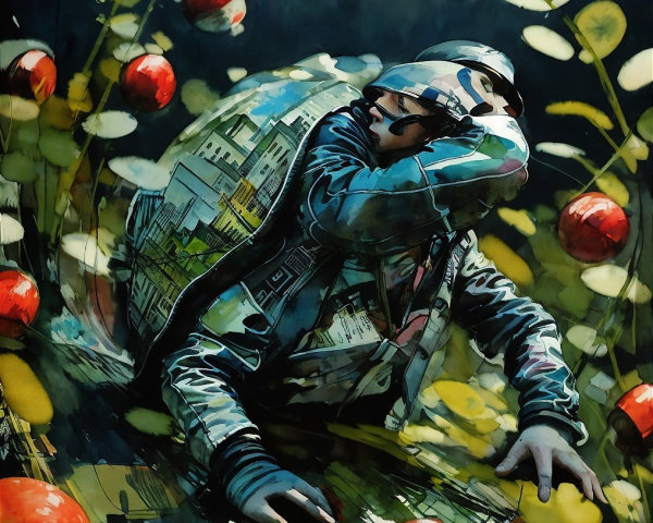 Surreal Scene of Soldier in Abstract Tomato Landscape