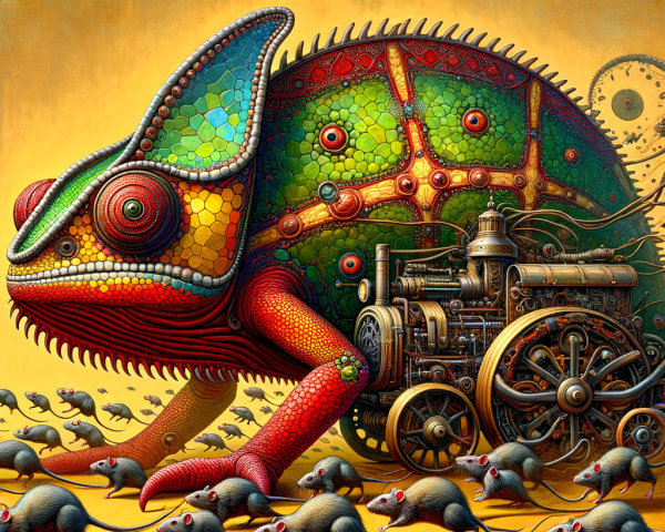 Colorful Chameleon on Mechanical Contraption with Mice