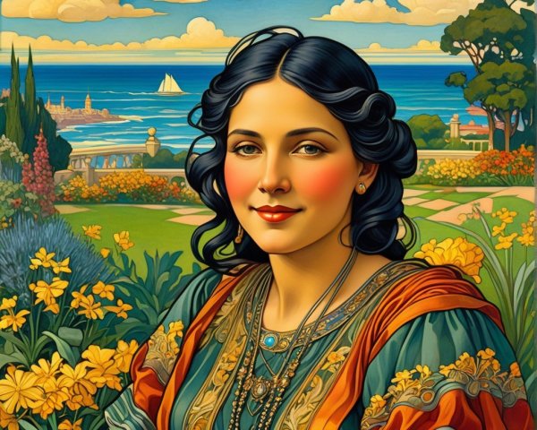 Serene Woman in Colorful Dress Amid Vibrant Flowers