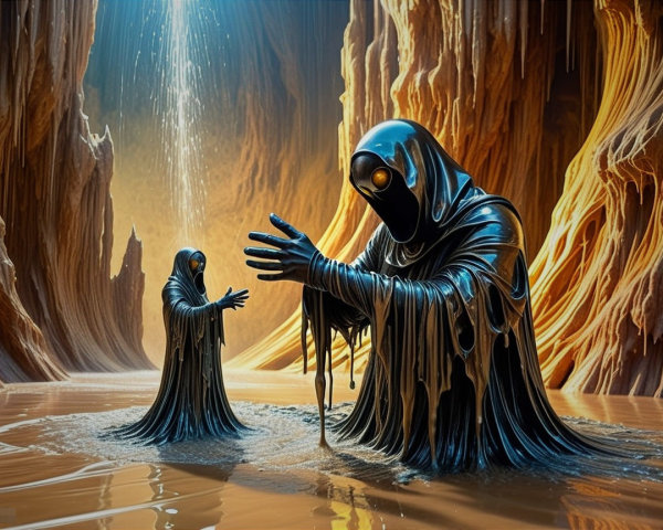 Surreal Cavern with Hooded Figures and Organic Formations