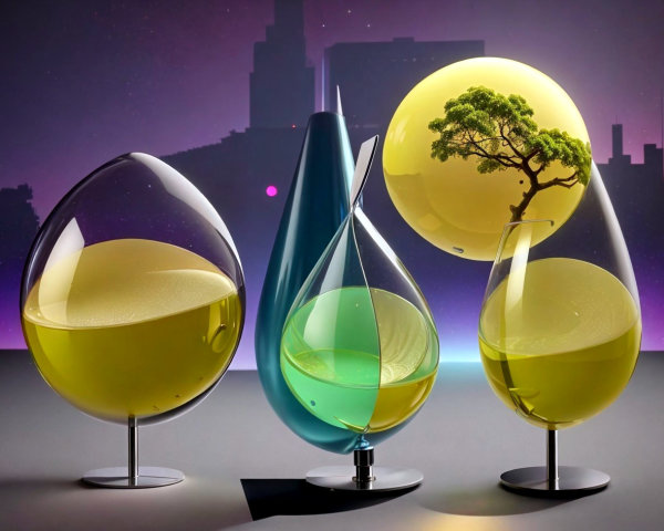 Glass Sculptures with Colorful Liquids and Miniature Tree