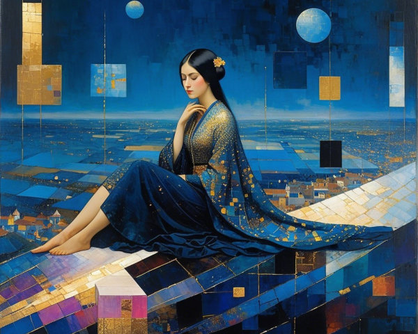 Serene Woman in Blue Gown under Dual Moons