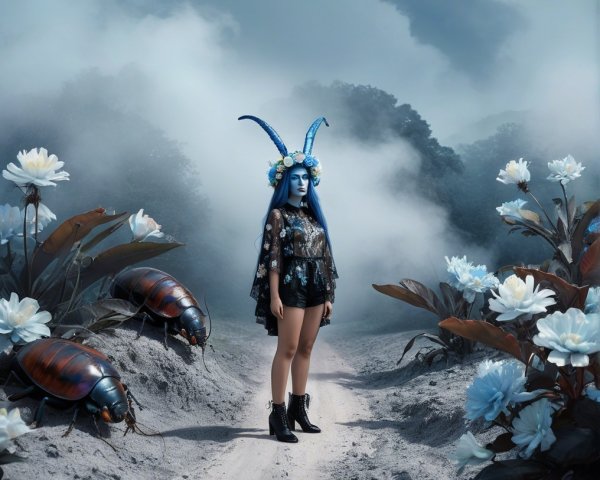 Surreal Landscape with Blue-Haired Figure and Beetles