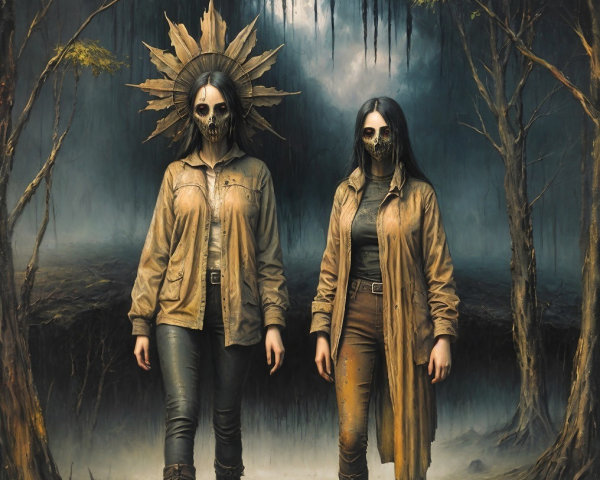 Figures in Skull Masks in a Dark Mystical Forest