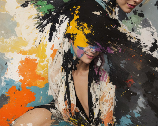 Intertwined Figures with Vibrant Abstract Background