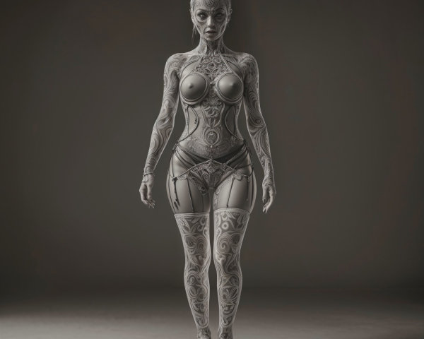 Stylized Figure with Intricate Body Art and Tattoos