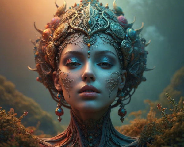 Ethereal Woman in Ornate Jewelry Surrounded by Nature