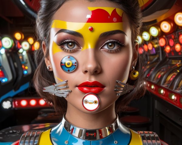 Futuristic Woman with Intricate Makeup in Arcade Setting