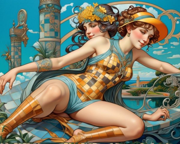 Elegantly Dressed Women in Art Nouveau Setting